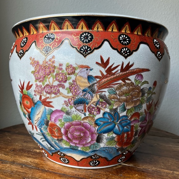 Vintage Chinoiserie Large Porcelain Koi Fish Planter Bowl Cachepot - Picture 11 of 11